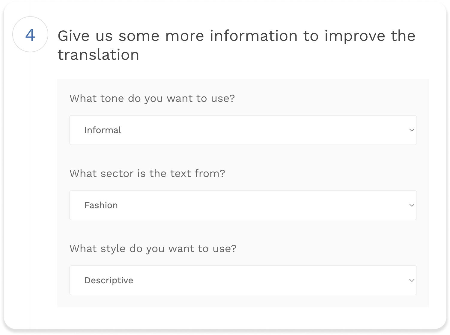 Select the tone, sector, and style